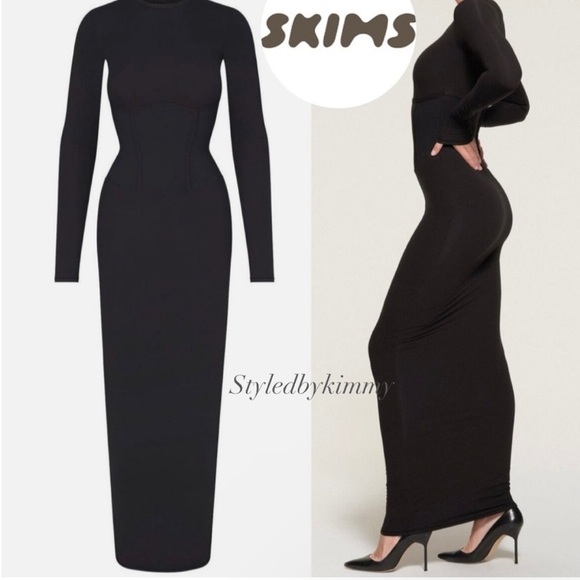 SKIMS Fits Everybody Corset Long Sleeve Dress in Onyx S Small NEW NWT - Picture 1 of 6